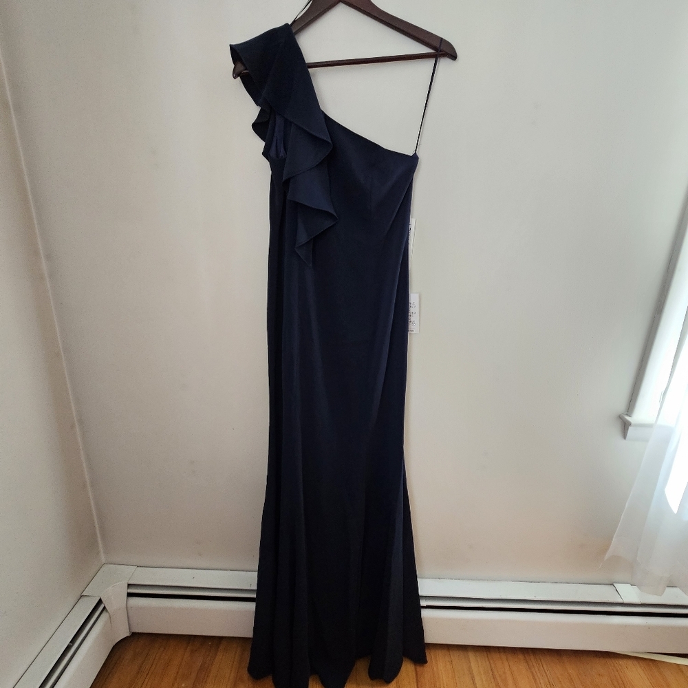 Jay Godfrey Osgood Gown Navy Blue One-Shoulder Dress Formal Ruffle Neutral Solid - Picture 13 of 13